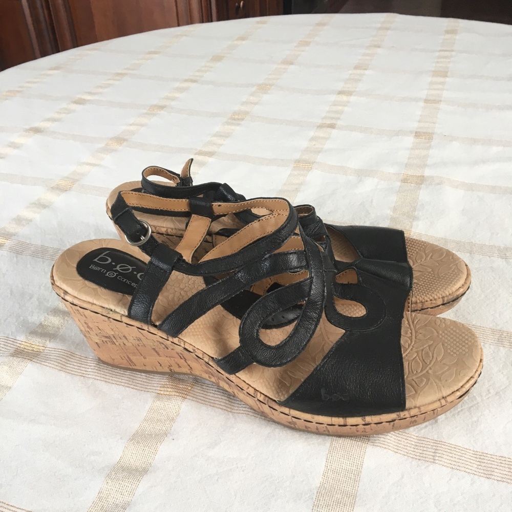 B. O. C 11 MED BORN CONCEPT BLACK LEATHER UPPER WITH CORK WEDGE SANDALS